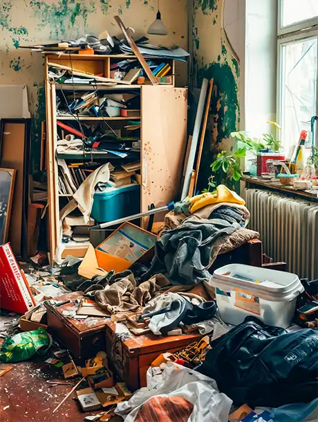 Une chambre en désordre avec des vêtements éparpillés sur le sol, des livres, des valises ouvertes et des couvertures froissées.